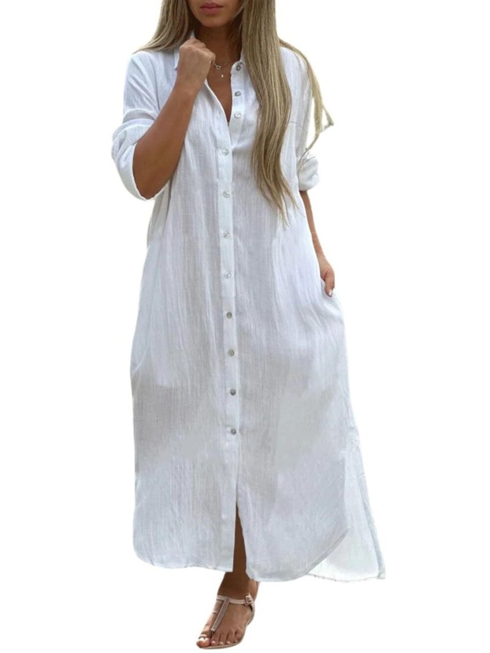 Summer Dresses for Women 2025 Casual Loose Split Long Sleeve Button Down Maxi